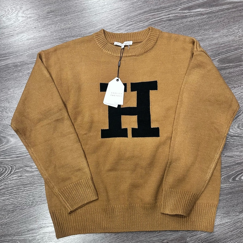 English Factory Tan Sweater with Black Initial